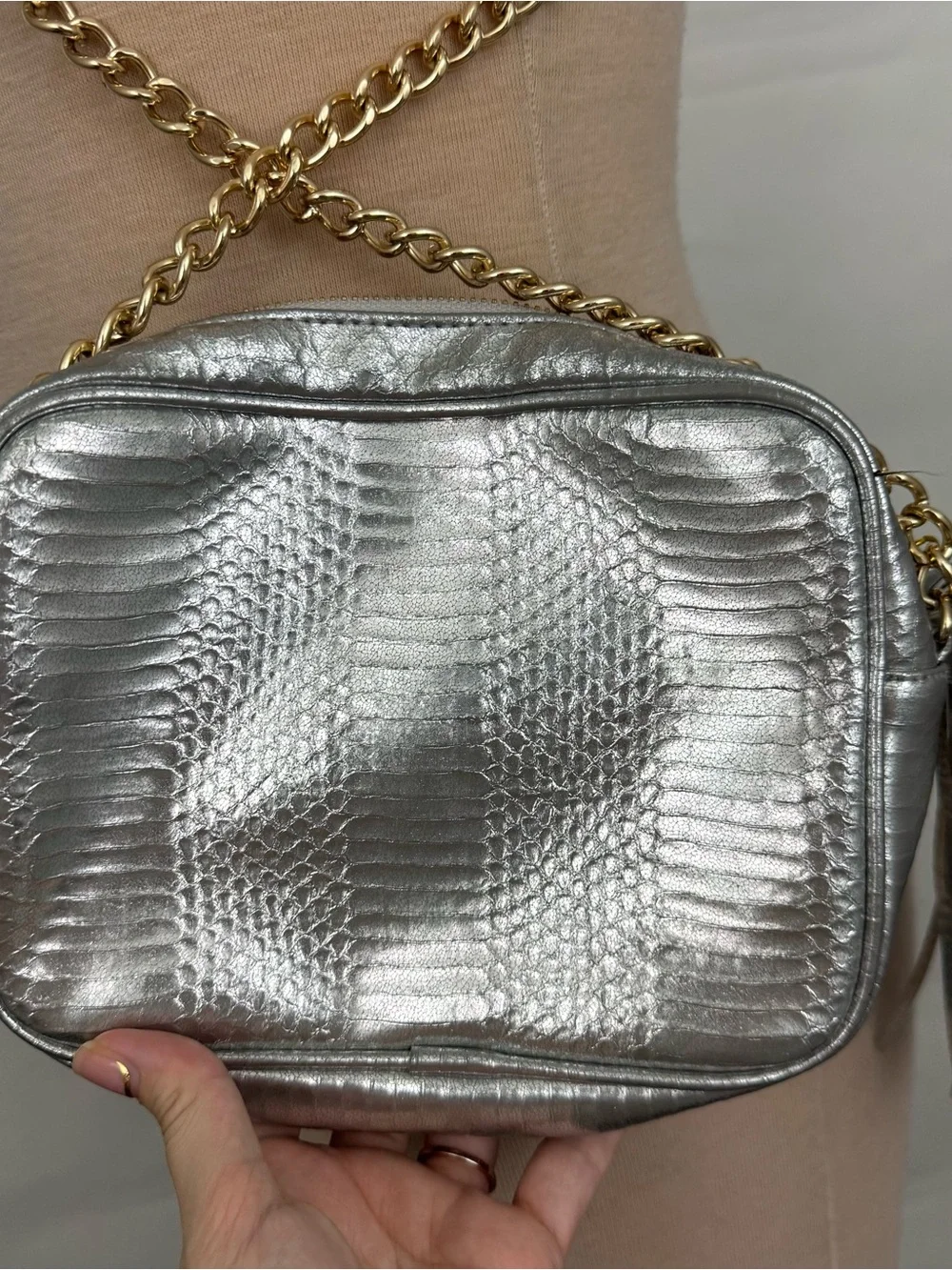 Victoria’s Secret Silver Metallic Snake Crossbody Bag with Tassel